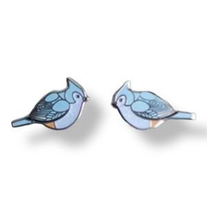 Silver Tone Blue White Tan Enamel Blue Bird Stud Pierced Earrings